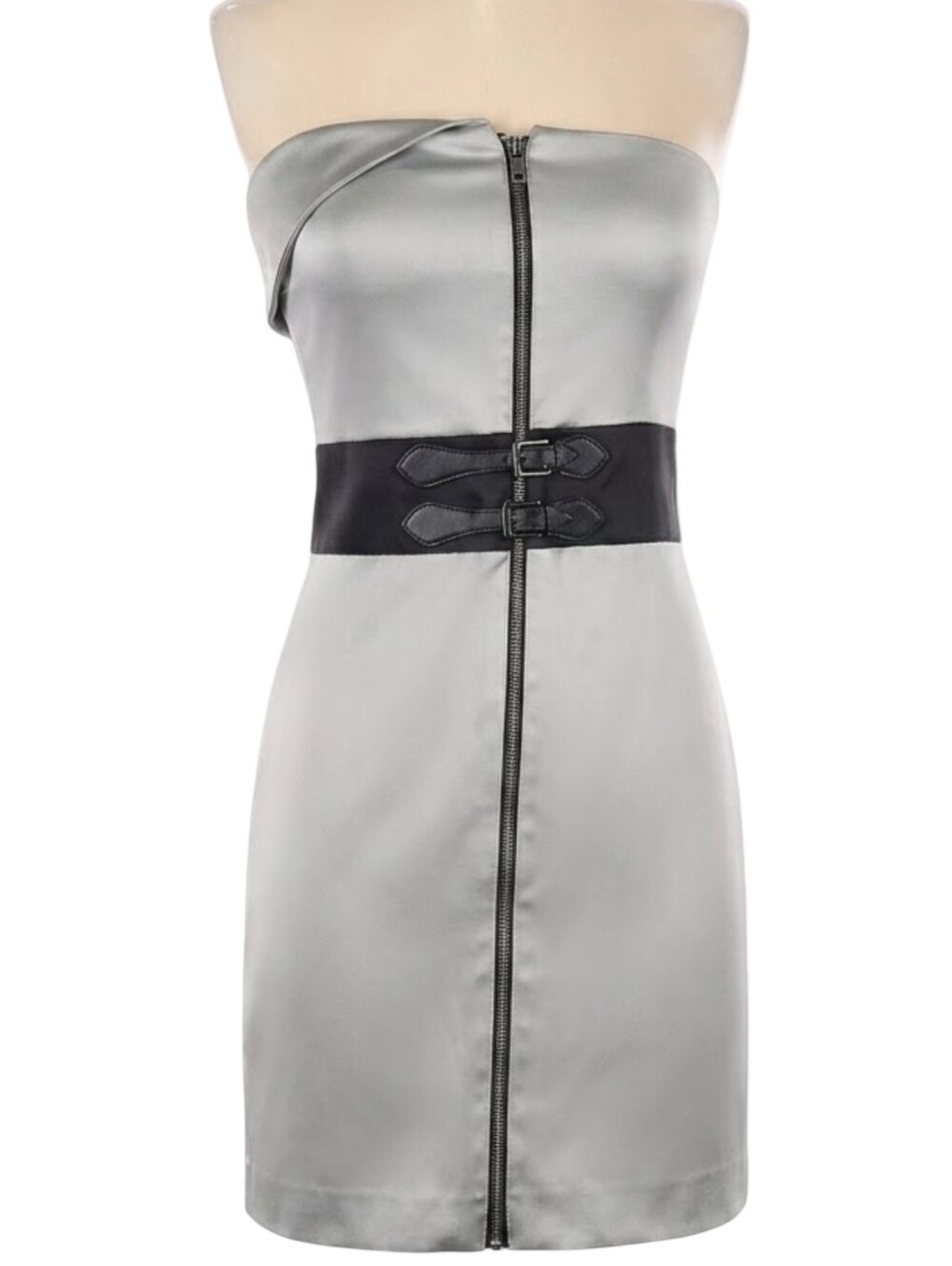 BEBE Y2K VINTAGE Strapless Satin Zip Front Dress Silver Double Buckle Sz S NWT